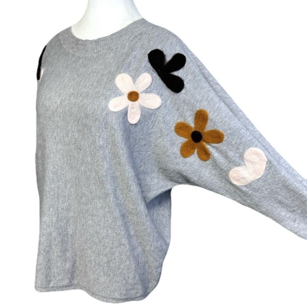 Aaeda Dolman Sleeves Floral Flower Applique Patch Pullover Sweater M Gray SOFT